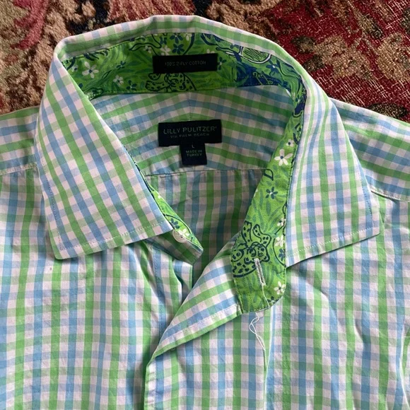 Lilly Pulitzer Green Blue & White Gingham Check Button Down Shirt Men’s L - Picture 2 of 9